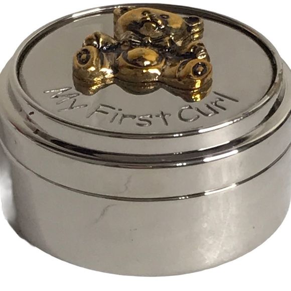 Godinger StainlessSteel Trinket TeddyBear Embossed Baby First Curl Round Box NEW - Picture 2 of 10